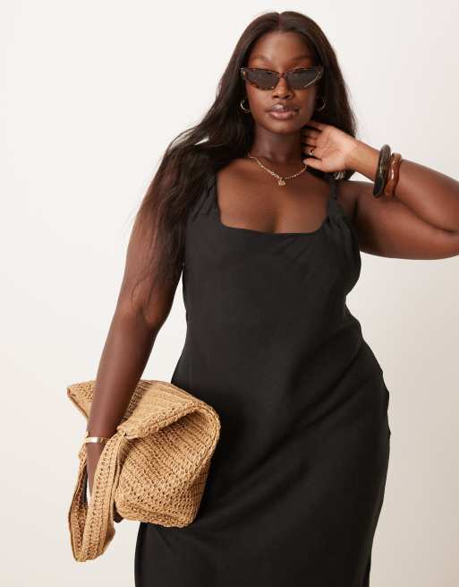 ASOS DESIGN Curve linen blend twisted straps bias cut maxi sundress in black , 2 of 4