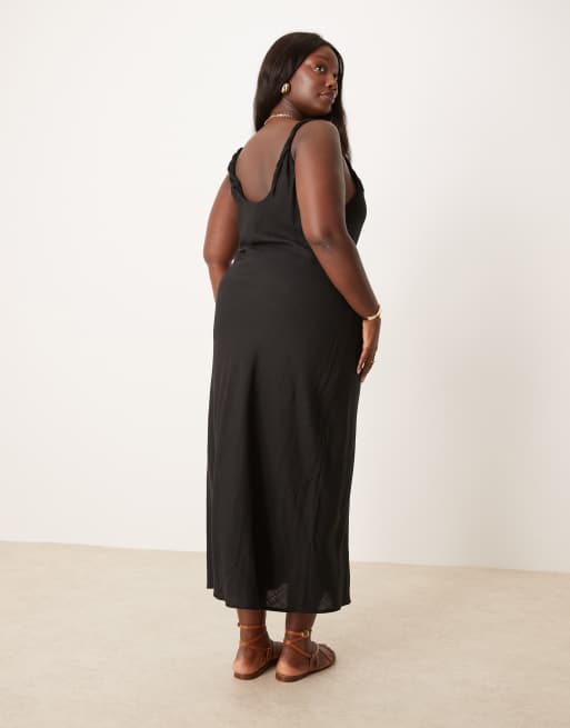 ASOS Design Curve linen mix twist strap bias maxi dress in Black