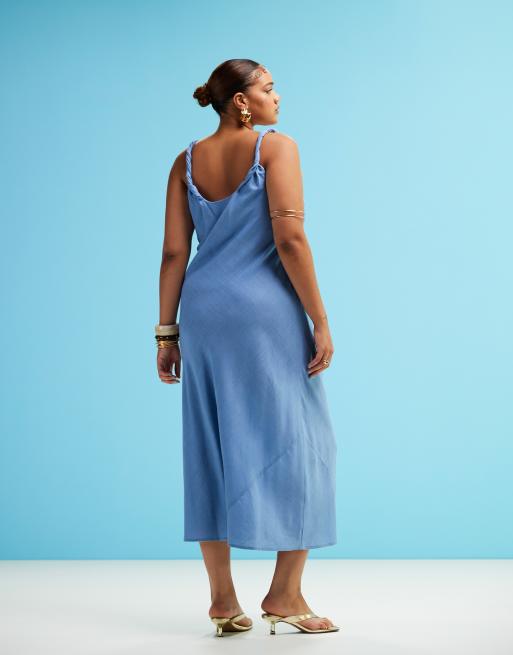 ASOS DESIGN Curve linen blend twisted straps bias cut maxi sundress in denim blue, 4 of 4