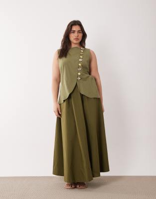 ASOS DESIGN Curve linen blend vest maxi dress with poplin skirt in olive