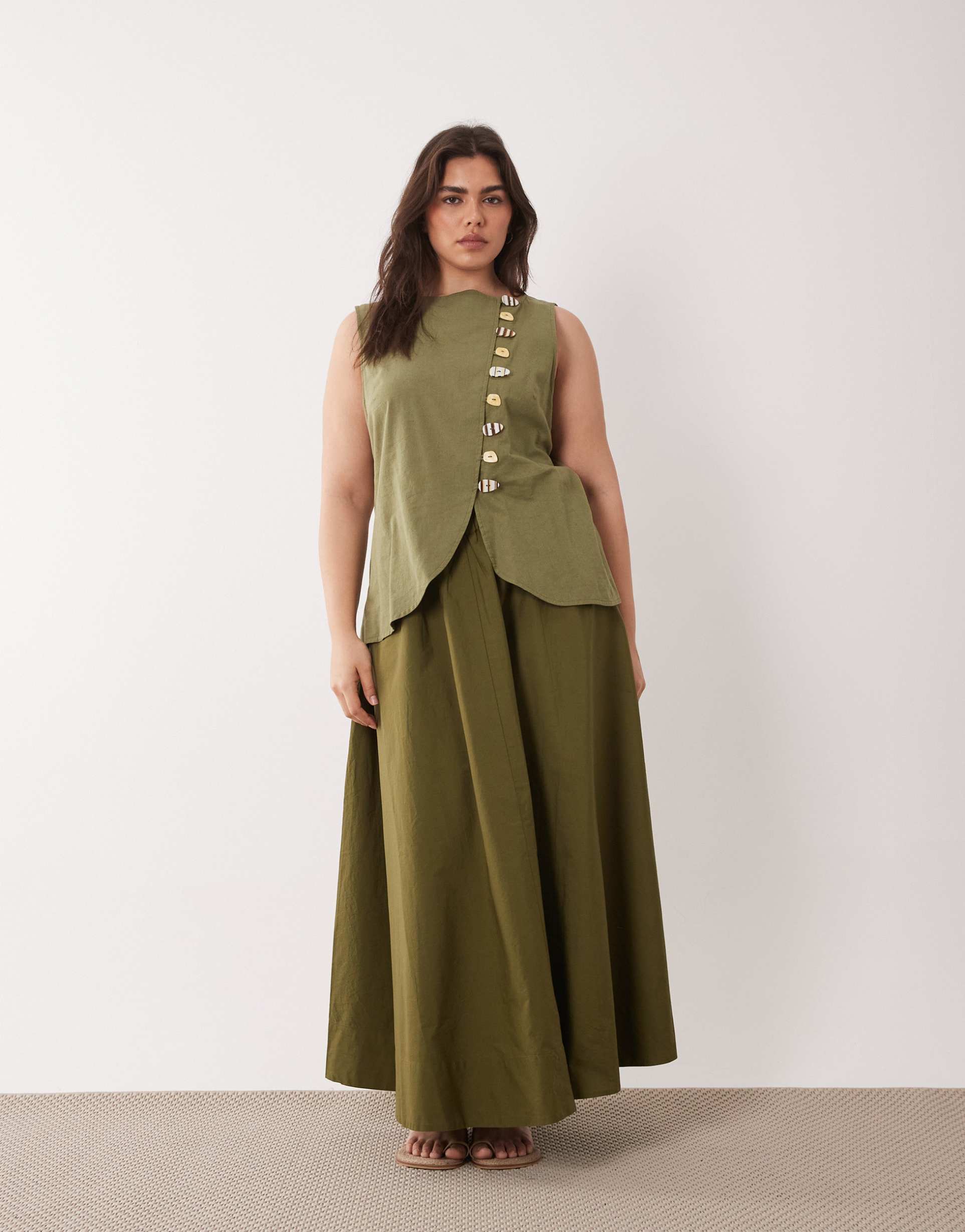 asos design curve linen blend vest maxi dress with poplin skirt in olive