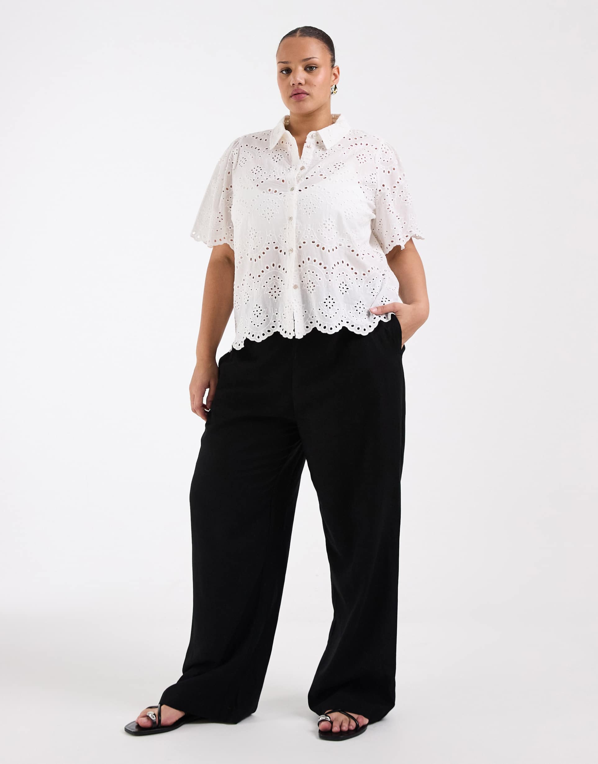 asos design curve linen blend wide leg pants in black