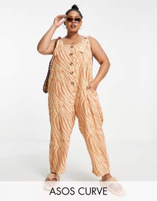 Asos Design Curve Linen Button Strap Jumpsuit In Animal Print-Multi
