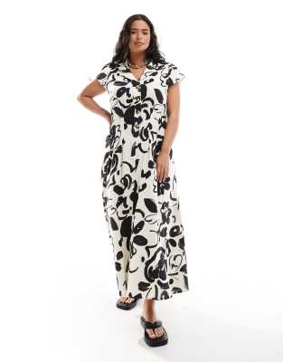 Asos Curve Asos Design Curve Linen Cap Sleeve Midi Shirt Dress With Pin Tucks In Abstract Print-multi