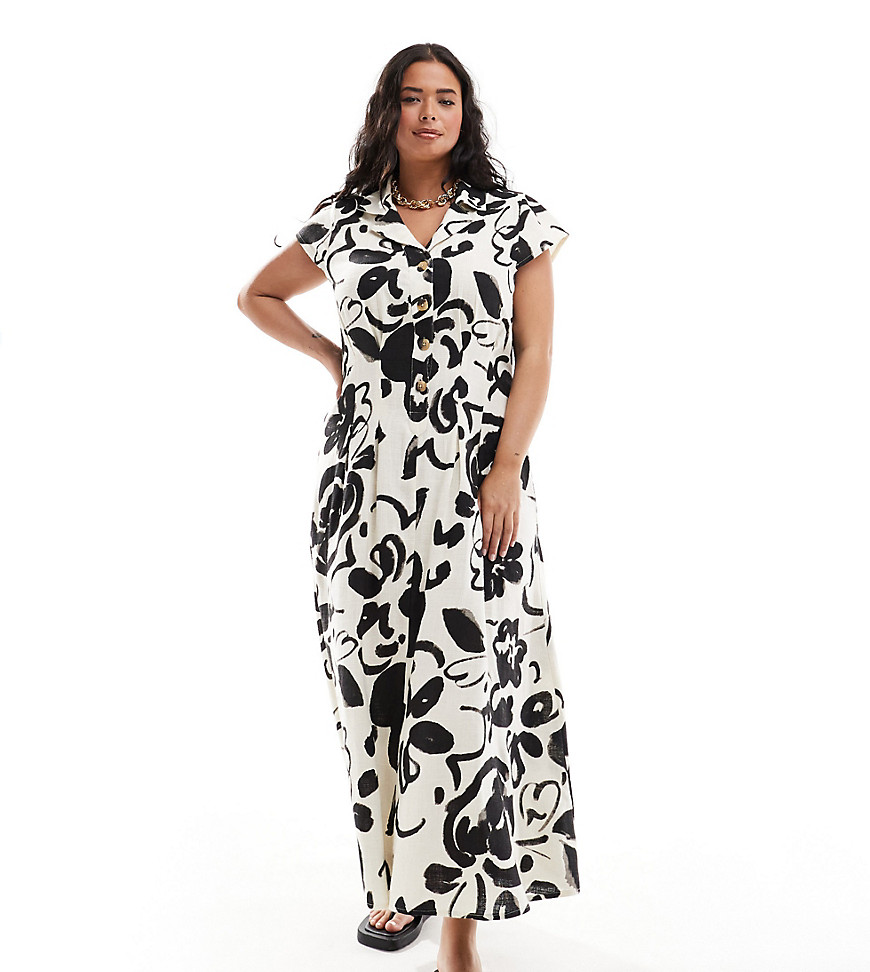 ASOS DESIGN Curve linen cap sleeve shirt midi dress with pin tucks in abstract print-Multi