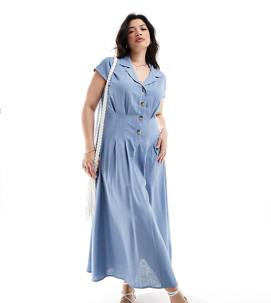 ASOS DESIGN Curve linen cap sleeve shirt midi dress with pin tucks in blue