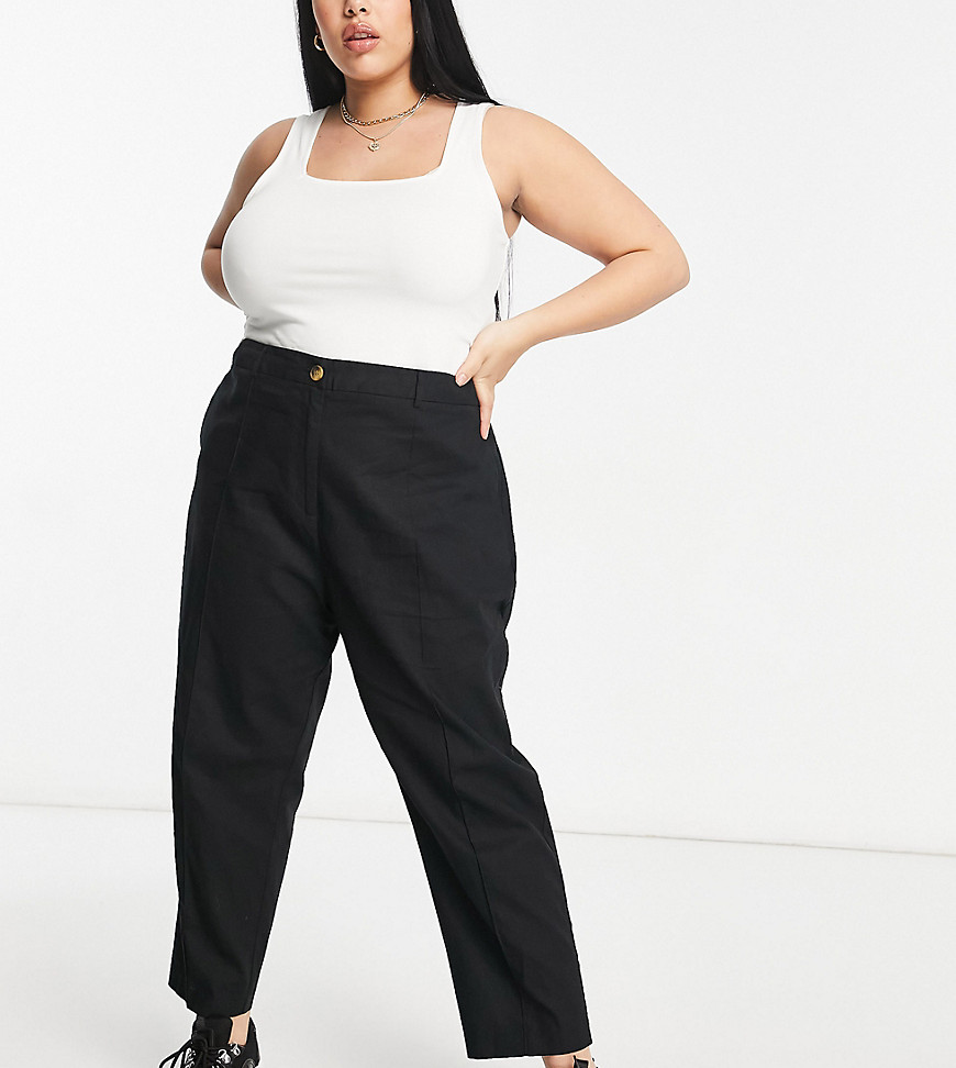 Plus-size trousers by ASOS DESIGN Put the jeans away for a day High rise Belt loops Side pockets Regular tapered fit A standard cut around the thigh with a narrow shape through the leg