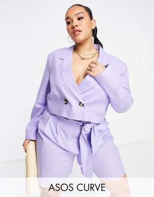 Asos Curve Asos Design Curve Linen Cropped Suit Blazer In Lilac-purple