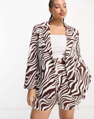 ASOS DESIGN Curve double breasted suit blazer with linen in animal print