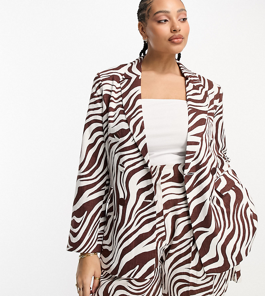 Asos Curve Asos Design Curve Linen Double Breasted Suit Blazer In Animal Print-multi
