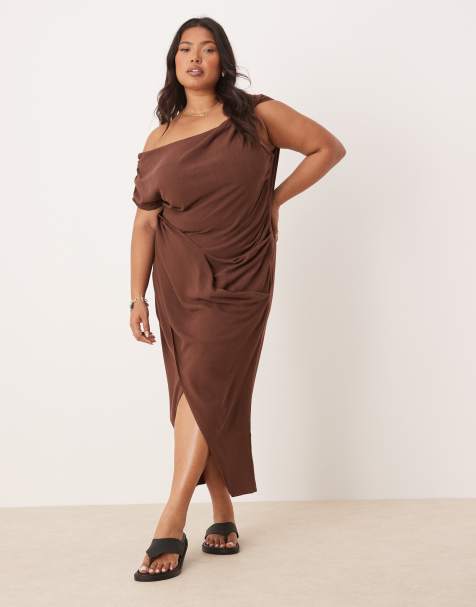 ASOS DESIGN Curve linen fallen twist shoulder wrap skirt detail midi dress in chocolate brown - view 1