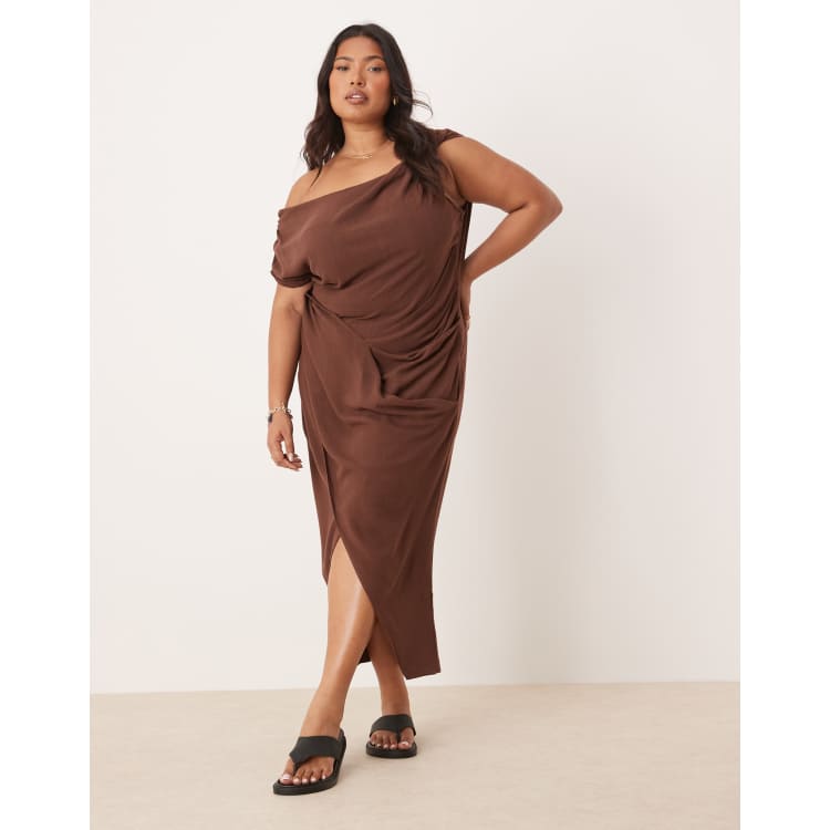 ASOS Design Curve Linen Fallen Twist Shoulder Wrap Skirt Detail Midi Dress in Chocolate Brown