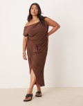 [ASOS Curve] ASOS DESIGN Curve linen fallen twist shoulder wrap skirt detail midi dress in chocolate brown 26 Chocolate brown