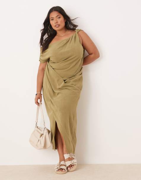 ASOS DESIGN Curve linen fallen twist shoulder wrap skirt detail midi dress in khaki - view 1