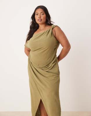 Asos Curve Asos Design Curve Linen Fallen Twist Shoulder Wrap Skirt Detail Midi Dress
