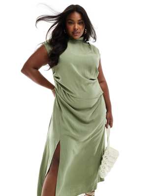 Asos Curve Asos Design Curve Linen Grown On Sleeve High Neck Midi Dress In Khaki-green