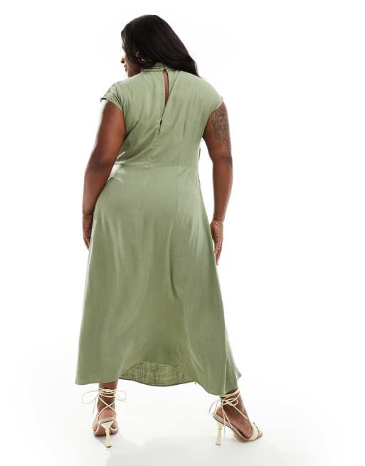 ASOS DESIGN Curve linen grown on sleeve high neck midi dress in khaki, 2 of 4