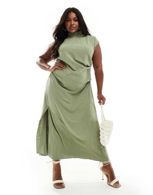 ASOS DESIGN Curve linen grown on sleeve high neck midi dress in khaki, 3 of 4