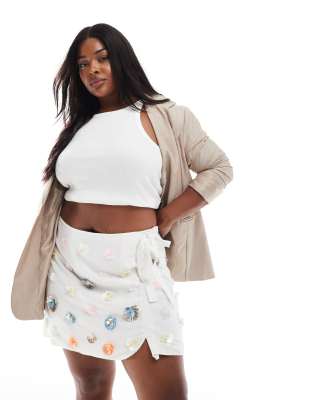 Asos Curve Asos Design Curve Linen Look 3d Embellishments Mini Skirt