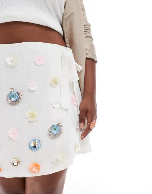 ASOS DESIGN Curve linen look 3D embellishments mini skirt in natural