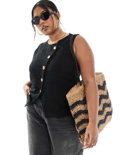 ASOS DESIGN curve linen look asymmetric button front waistcoat in black - view 1