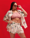 [ASOS Curve] ASOS DESIGN Curve linen look beach shorts in postcard print (part of a set)-Multi 18 Postcard print