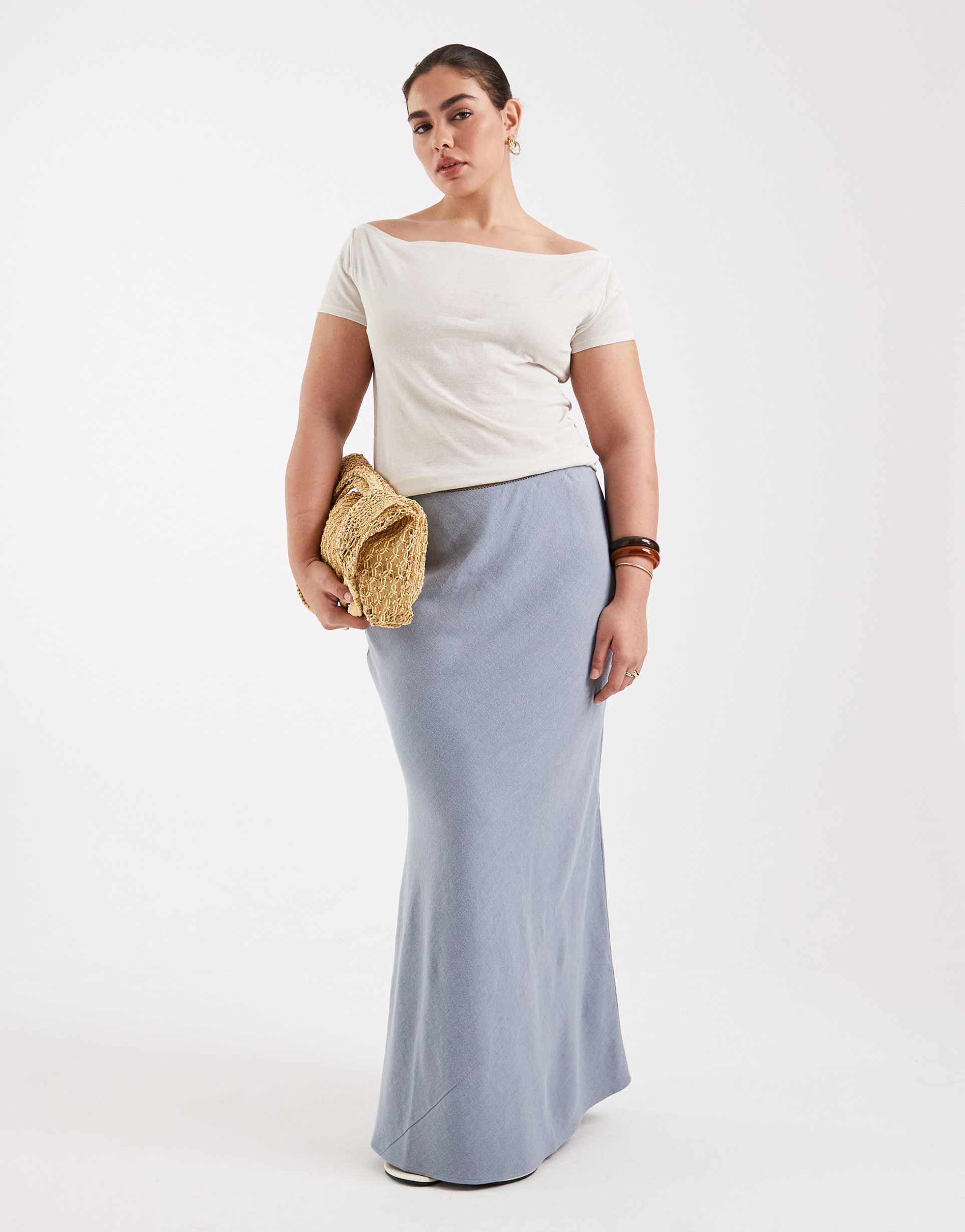 asos design curve linen look bias midaxi skirt in blue