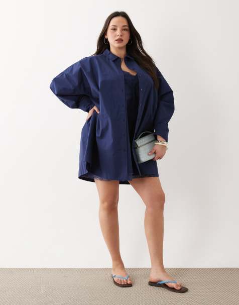 ASOS DESIGN Curve linen look oversized shirt dress co-ord in navy - view 1