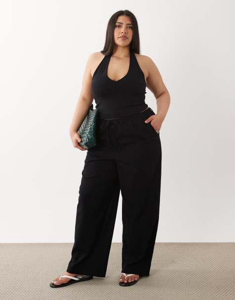 ASOS DESIGN Curve linen look pull on pants in black - view 1