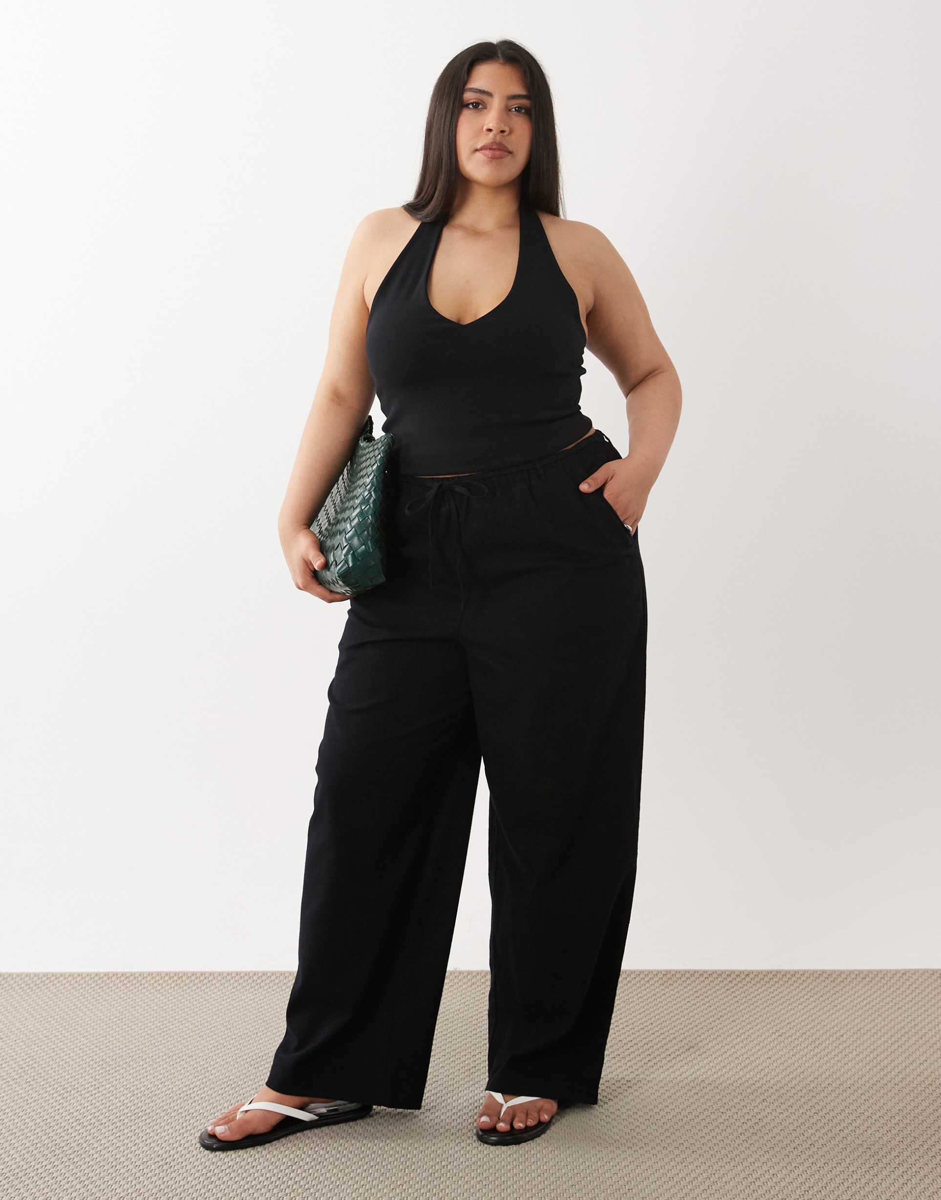 asos design curve linen look pull on pants in black