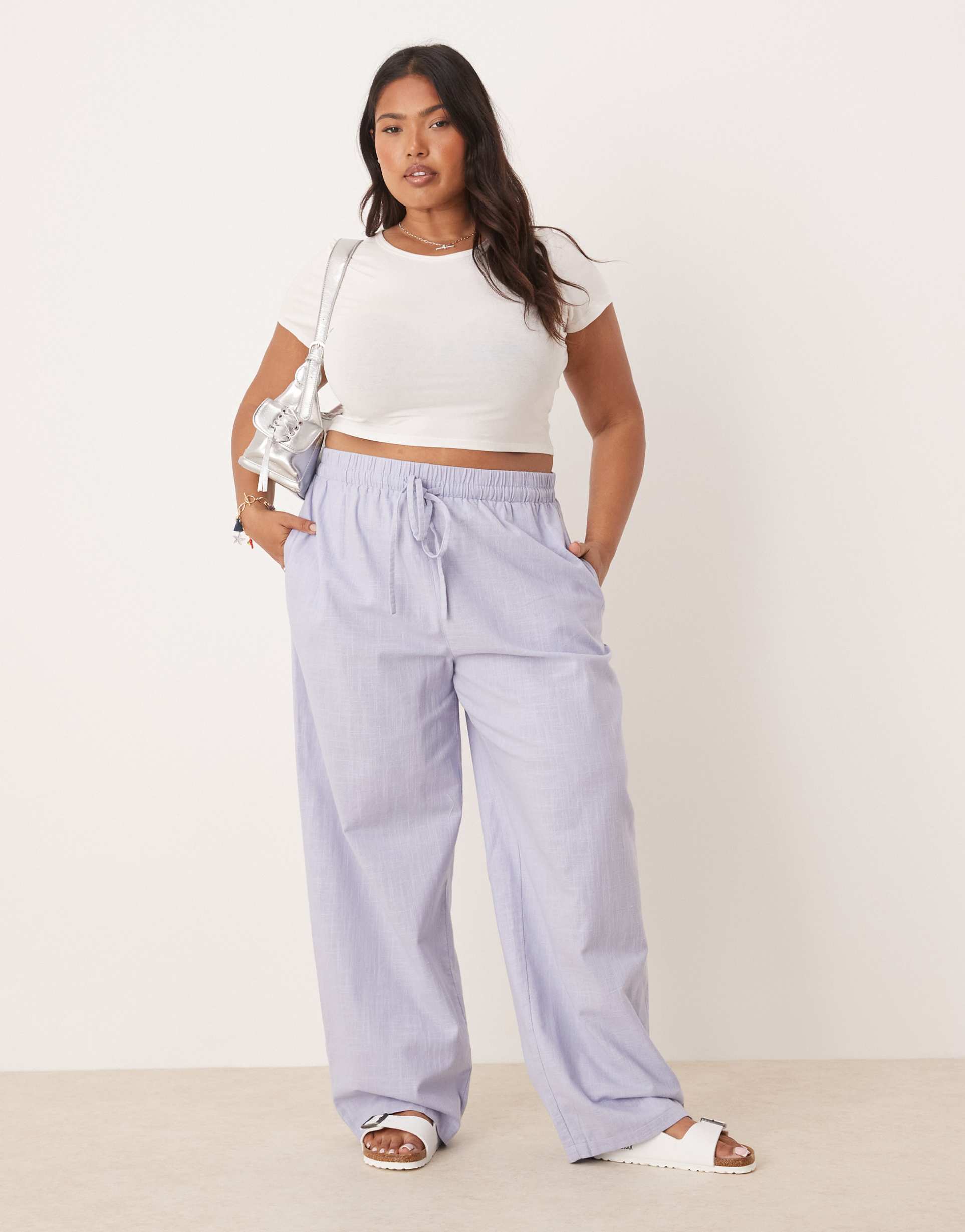 asos design curve linen look pull on pants in blue
