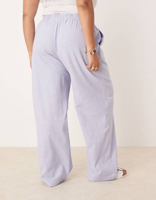 ASOS DESIGN Curve linen look pull on pants in blue, 4 of 5