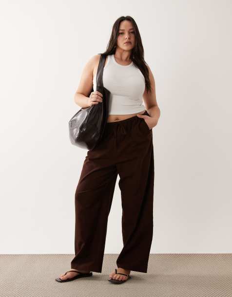 ASOS DESIGN Curve linen look pull on pants in chocolate - view 1
