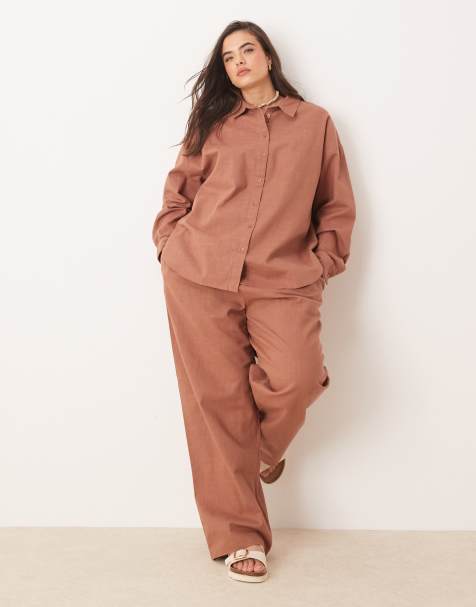 ASOS DESIGN Curve linen look pull on pants in mocha - part of a set - view 1