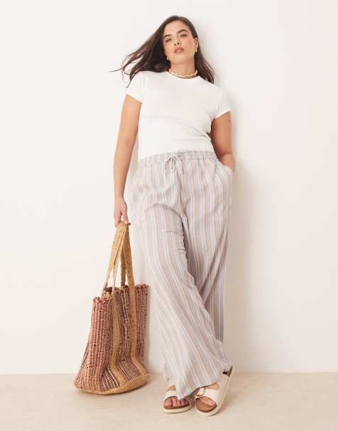 ASOS DESIGN Curve linen look pull on straight leg trousers in multi stripe - view 1