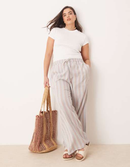 ASOS DESIGN Curve linen look pull on straight leg trousers in multi stripe