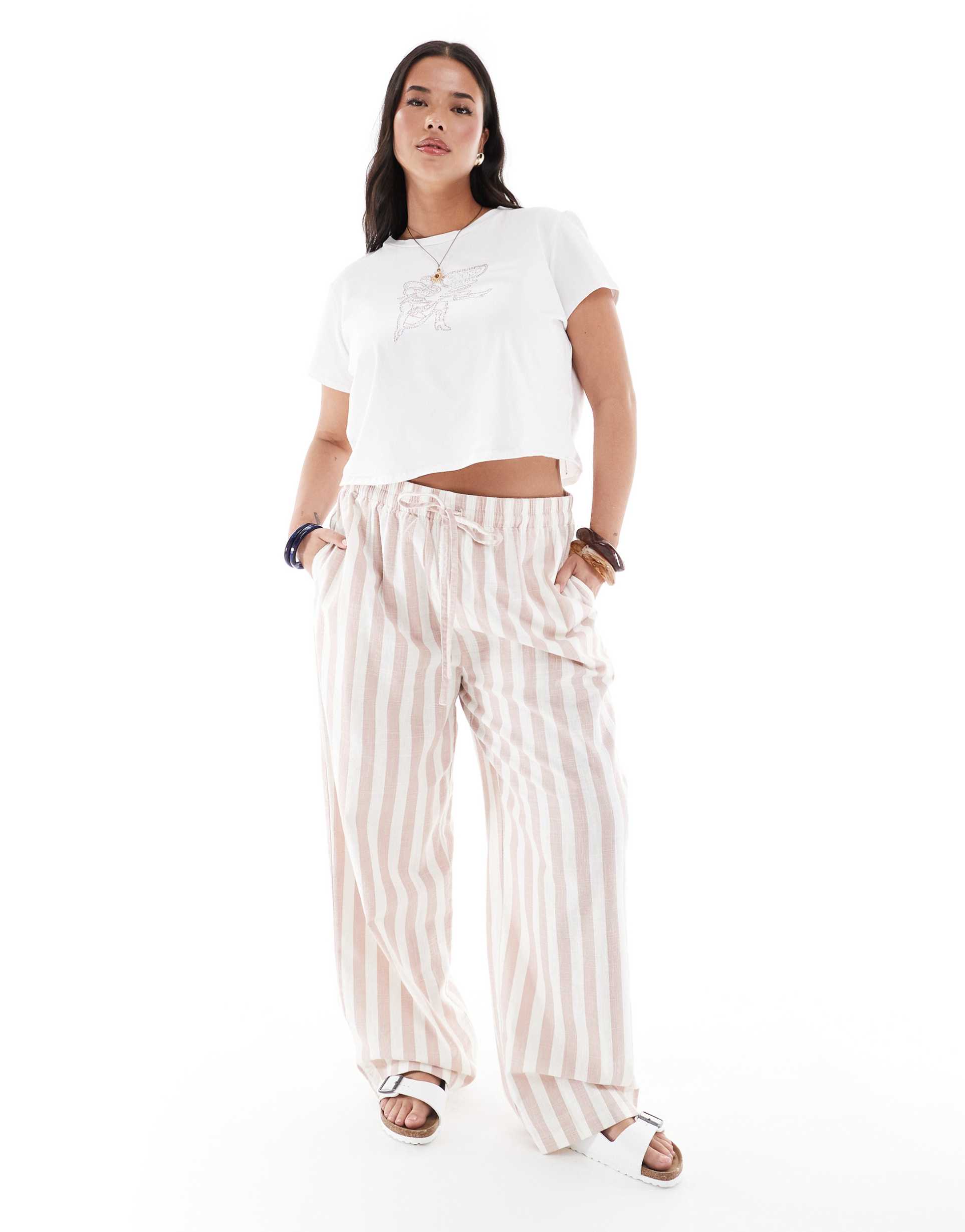asos design curve linen look pull on tapered pants in mink stripe