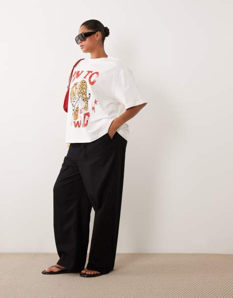 ASOS DESIGN Curve linen look pull on trousers in black