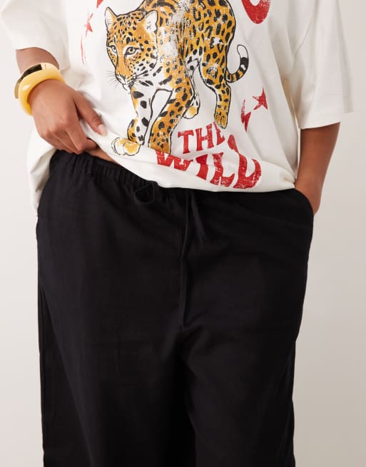 ASOS DESIGN Curve linen look pull on trousers in black, 3 of 5