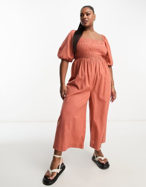 ASOS DESIGN Curve linen look shirred bodice puff sleeve jumpsuit in rust