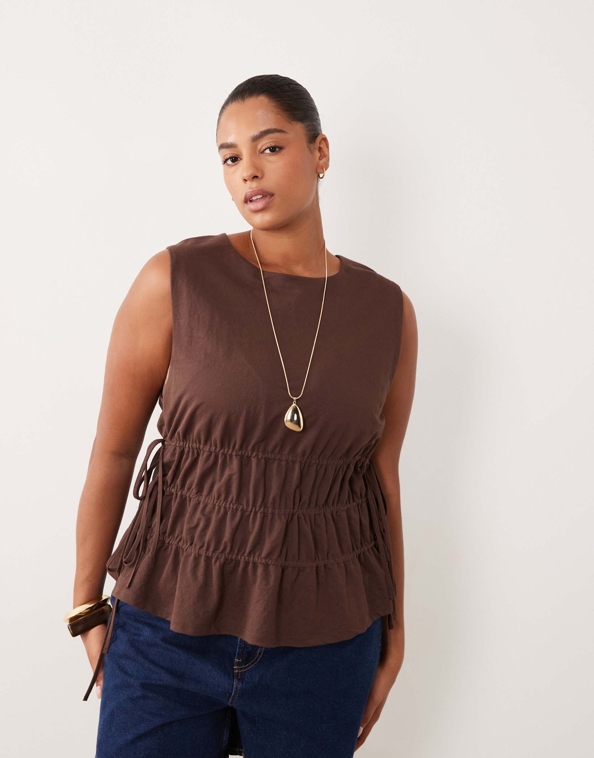 asos design curve linen look sleeveless top with drawstring waist in brown