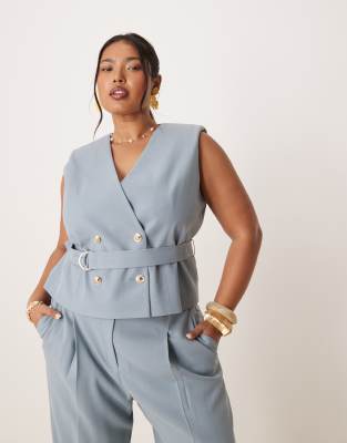 Curve linen look tie vest in blue - part of a set