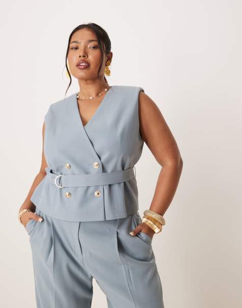 ASOS DESIGN Curve linen look tie vest in blue - part of a set - view 1