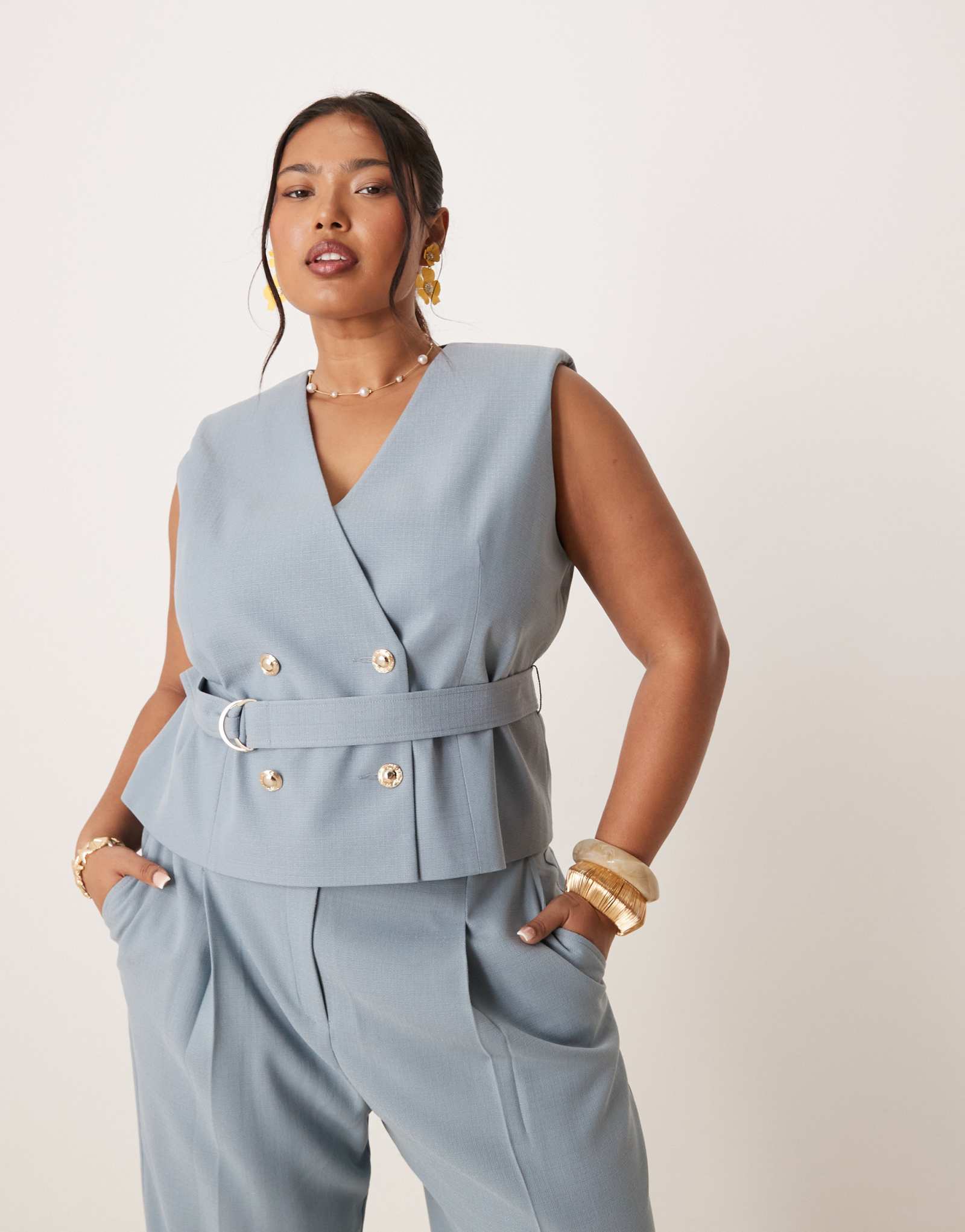 Льняной жилет с завязками ASOS DESIGN Curve синего цвета - часть комплекта