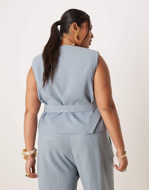 ASOS DESIGN Curve linen look tie vest in blue - part of a set