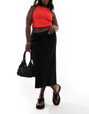 Asos Curve Asos Design Curve Linen Look Tie Waist Bias Cut Midi Skirt In Black