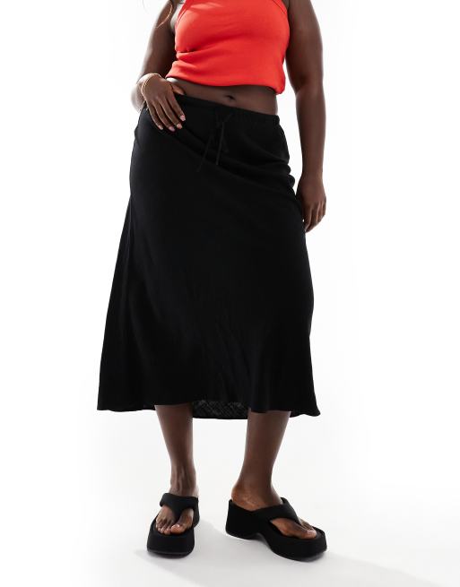 ASOS DESIGN Curve linen look tie waist bias cut midi skirt in black