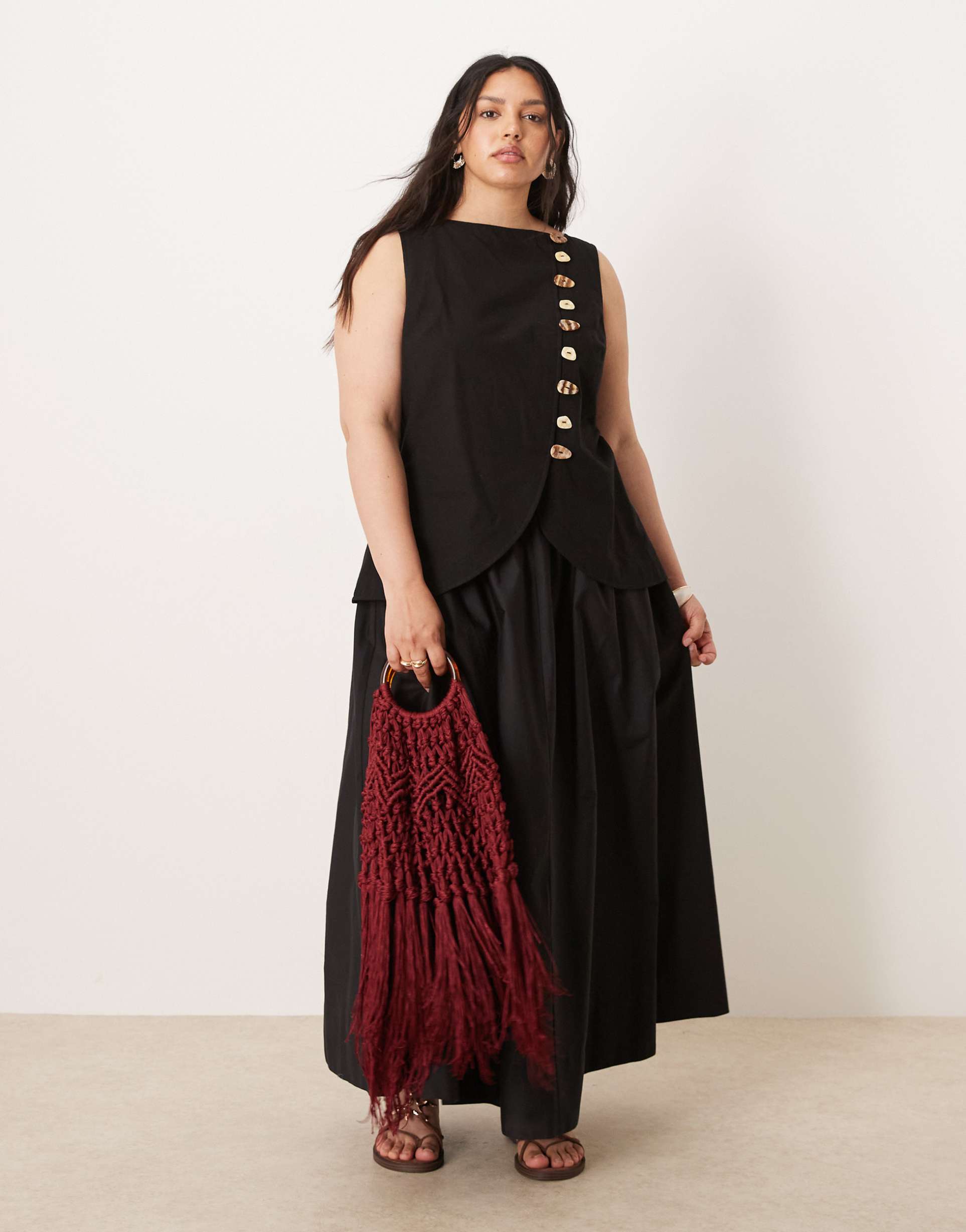 asos design curve linen look vest maxi dress with poplin skirt in black