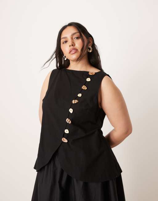 ASOS DESIGN Curve linen look vest maxi dress with poplin skirt in black
