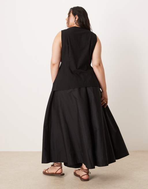 ASOS DESIGN Curve linen look vest maxi dress with poplin skirt in black